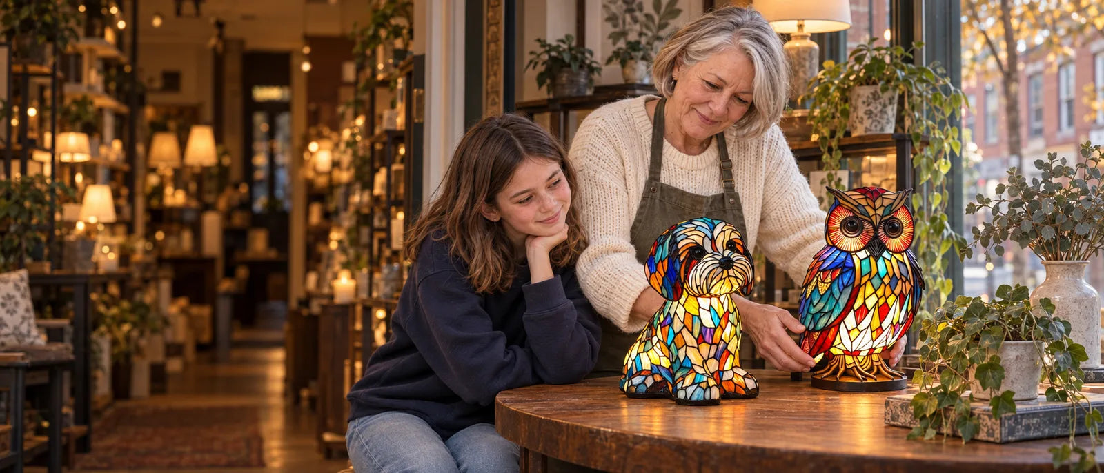 Olivia and her granddaughter with the Animal Lamp Collection collection