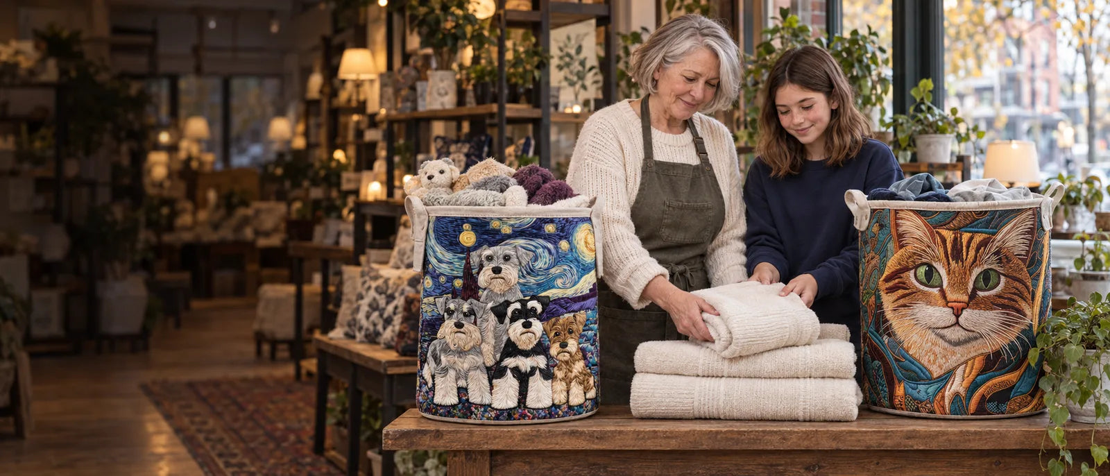 Olivia and her granddaughter with the Quilted Laundry Baskets collection