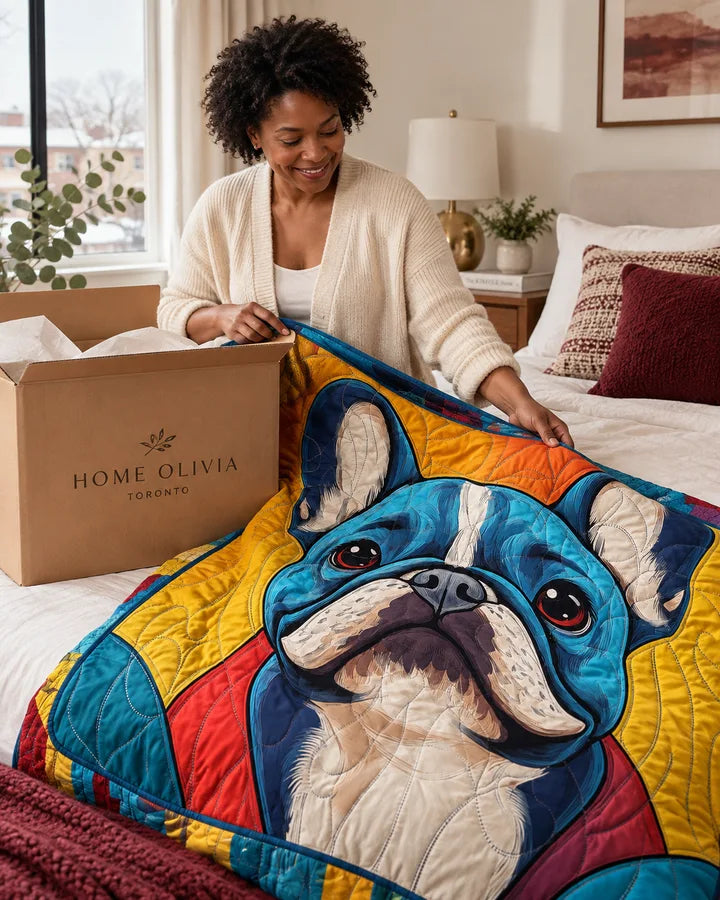 Customer unpacking the blue bulldog bedding set