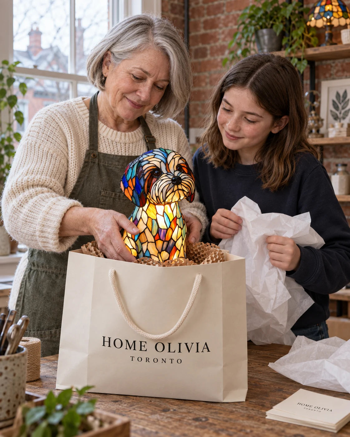 Olivia and her daughter carefully packing a lamp